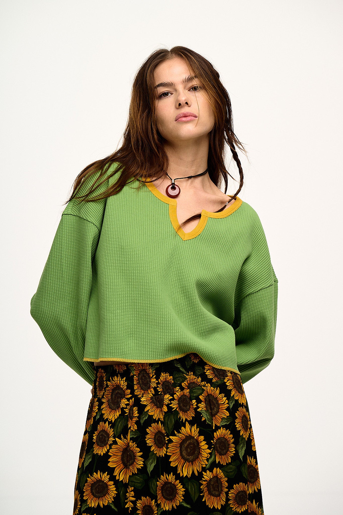 Roberta Long Sleeve Waffle Cotton Tee in Pickle Green Lucy & Yak