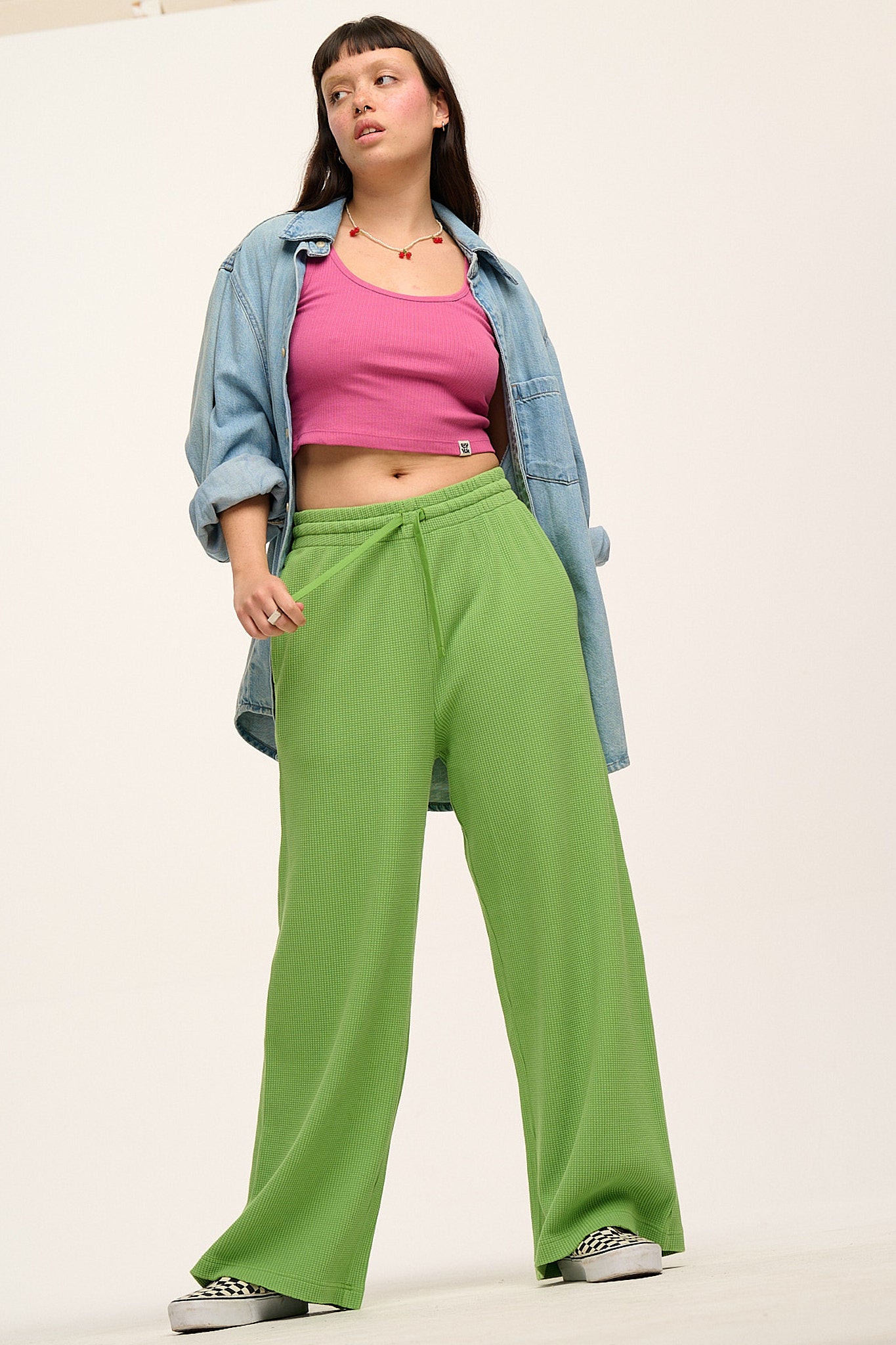 Larson - Wide Leg Waffle Cotton Joggers in Matcha Green