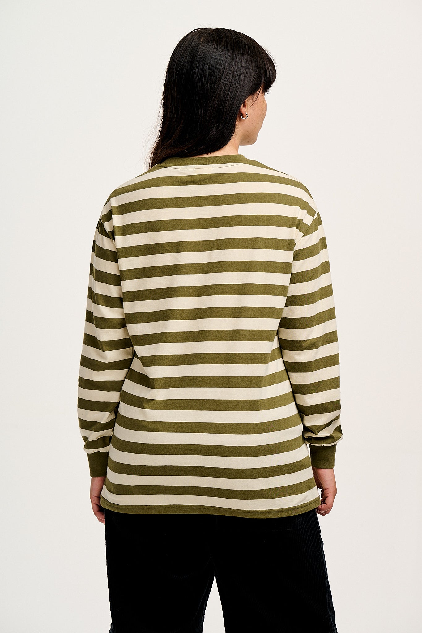 Kenny - Long Sleeve Skater Cotton T-Shirt in Green & Ecru Stripe