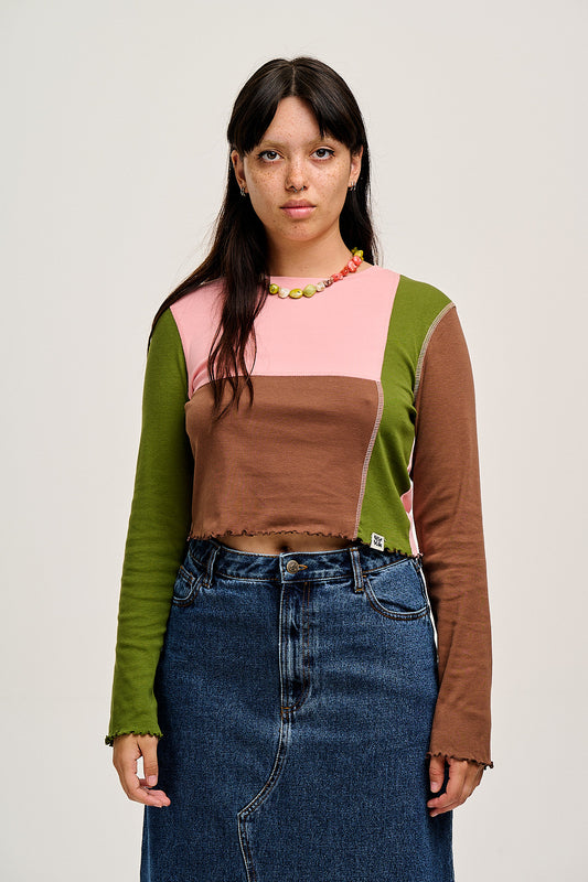 Hansel - Long Sleeve Cotton Crop Top in Khaki, Brown & Rose Pink