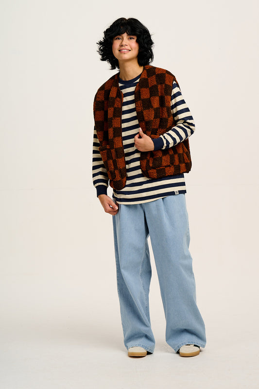 Kenny - Long Sleeve Skater Cotton T-Shirt in Navy & Ecru Stripe