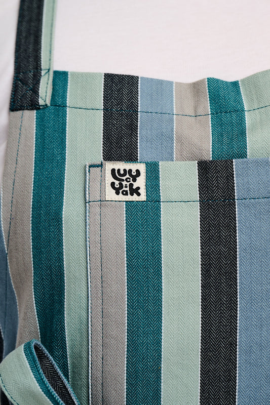 Ada - Midweight Cotton Apron in Herringbone Blue Stripe Print