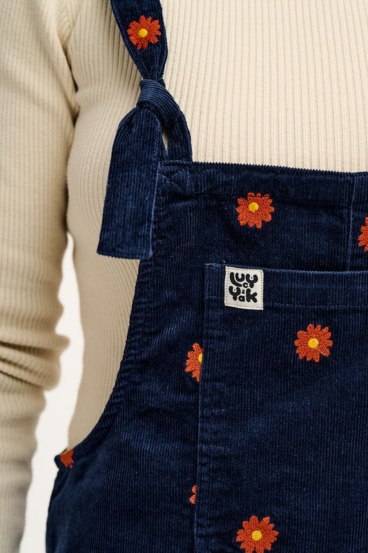 Original - Corduroy Dungarees in Navy with Cassia Embroidery