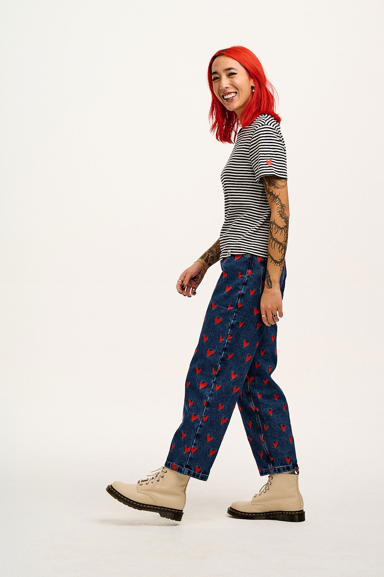 Maya - Cotton T-Shirt in Black & White Stripe with Cupid Heart Embroidery