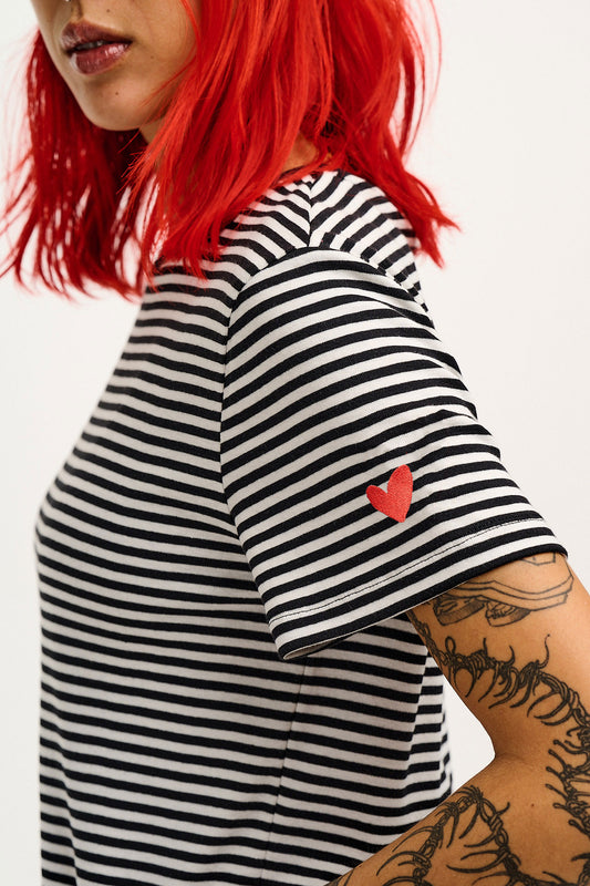 Maya - Cotton T-Shirt in Black & White Stripe with Cupid Heart Embroidery