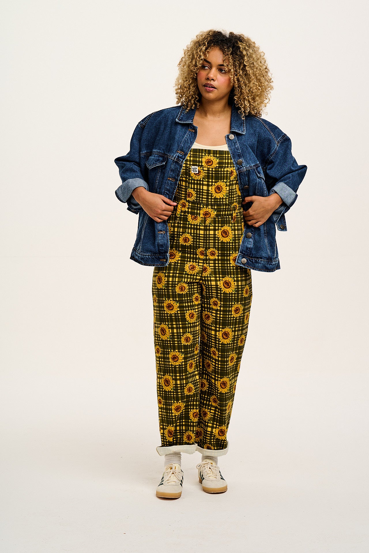 Easton - Cotton Dungarees in Green Sunday Sunflowers Print