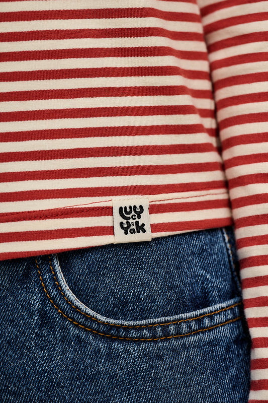 Rey - Long Sleeve Cotton Top in Maroon & Ecru Stripe