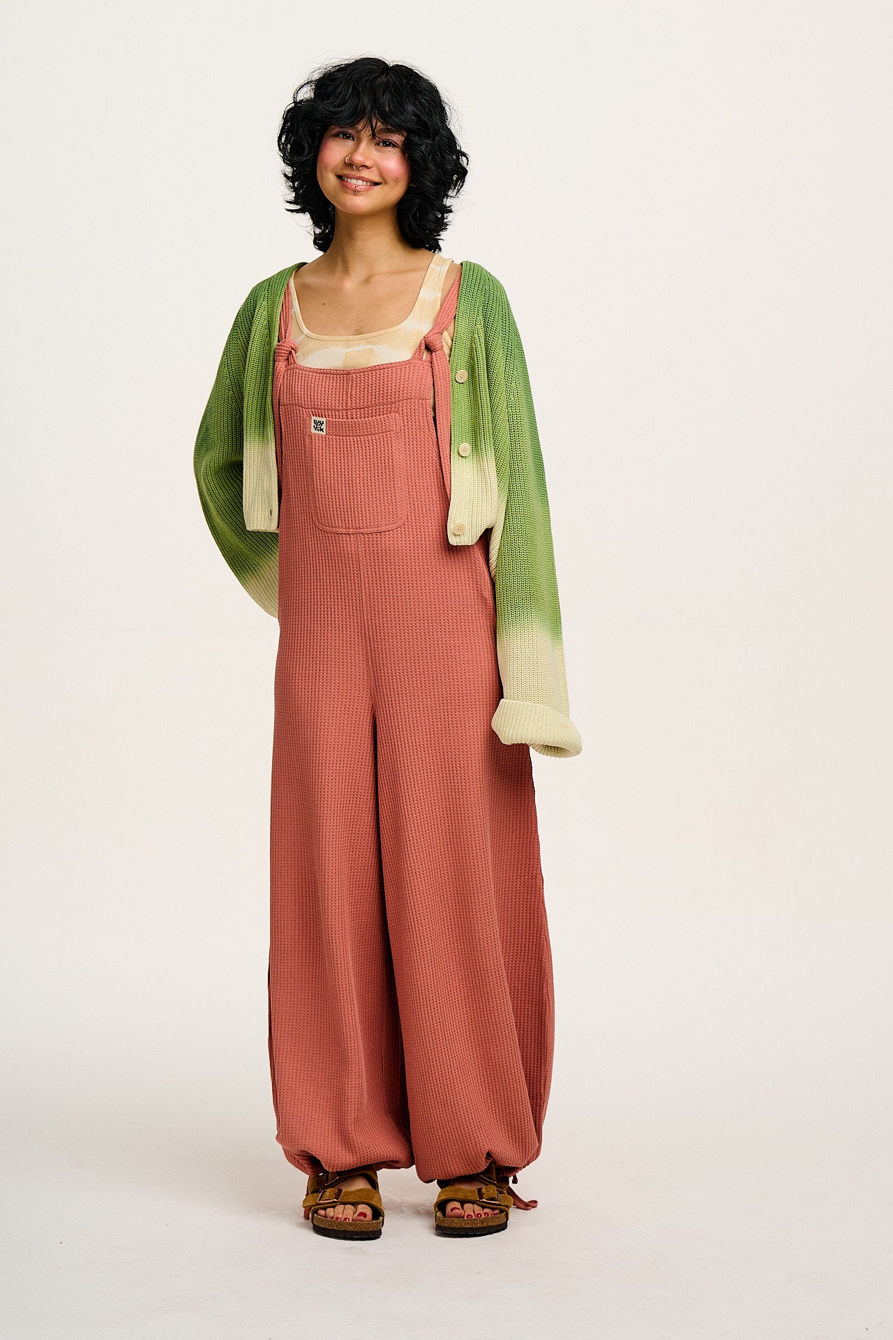 Ali - Wide Leg Waffle Cotton Dungarees in Rose Bud Pink