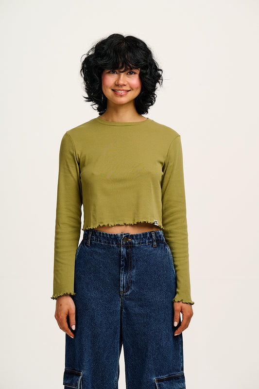 Hansel - Long Sleeve Cotton Crop Top in Herb Garden Green