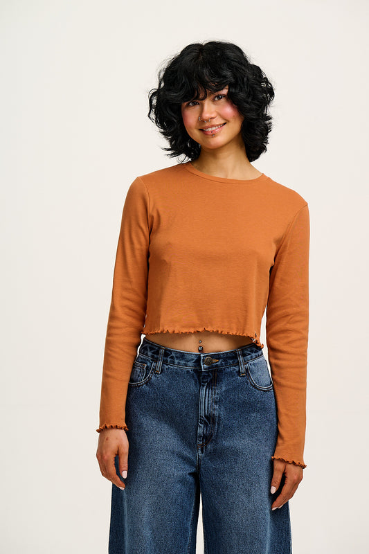 Hansel - Long Sleeve Cotton Crop Top in Amber Orange