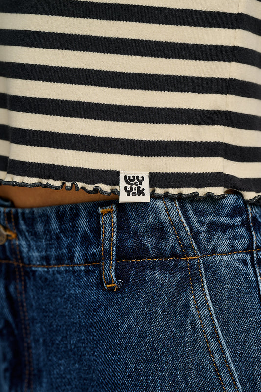 Hansel - Long Sleeve Cotton Crop Top in Midnight & Ecru Stripe