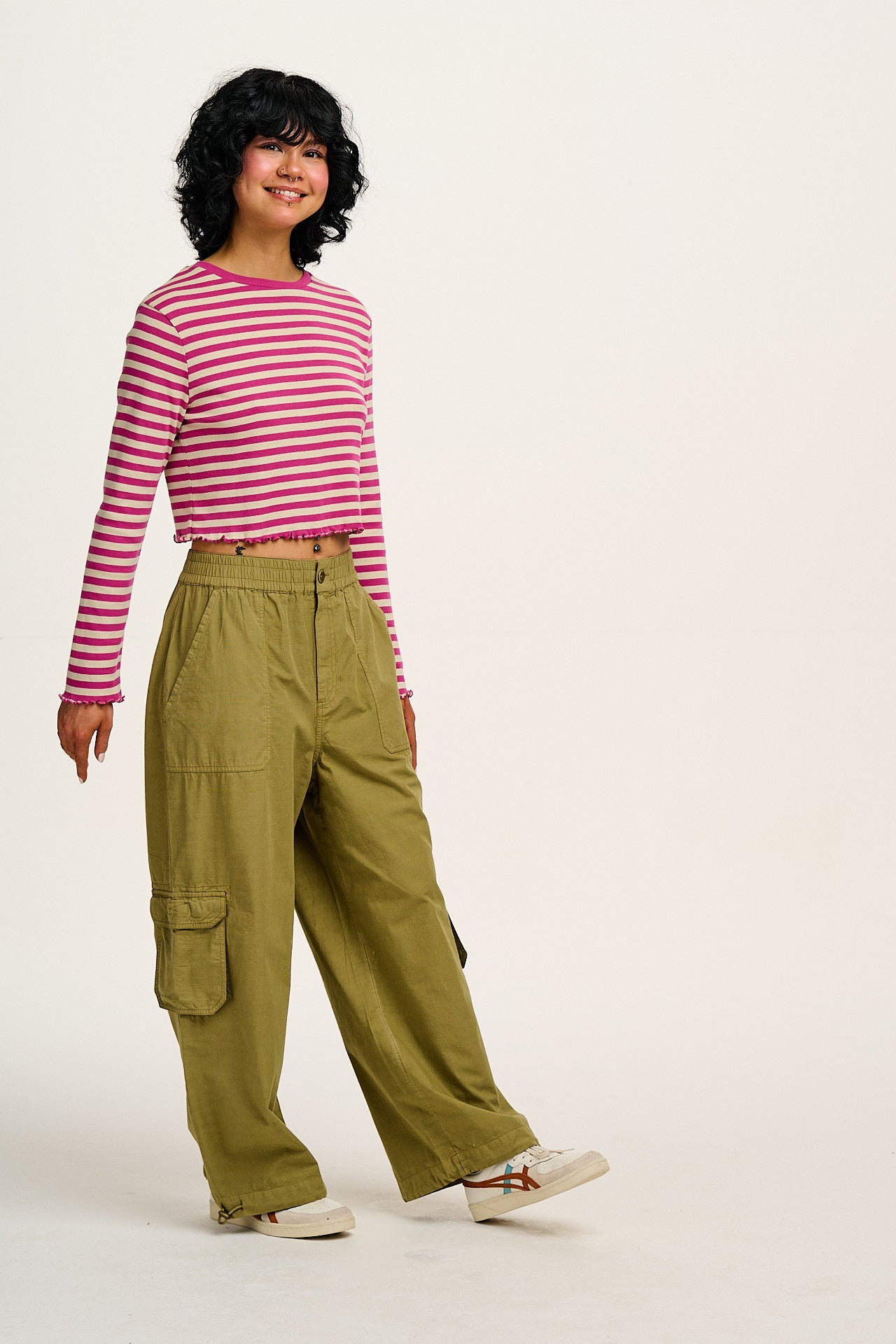 Hansel - Long Sleeve Cotton Crop Top in Dahlia Pink & Ecru Stripe