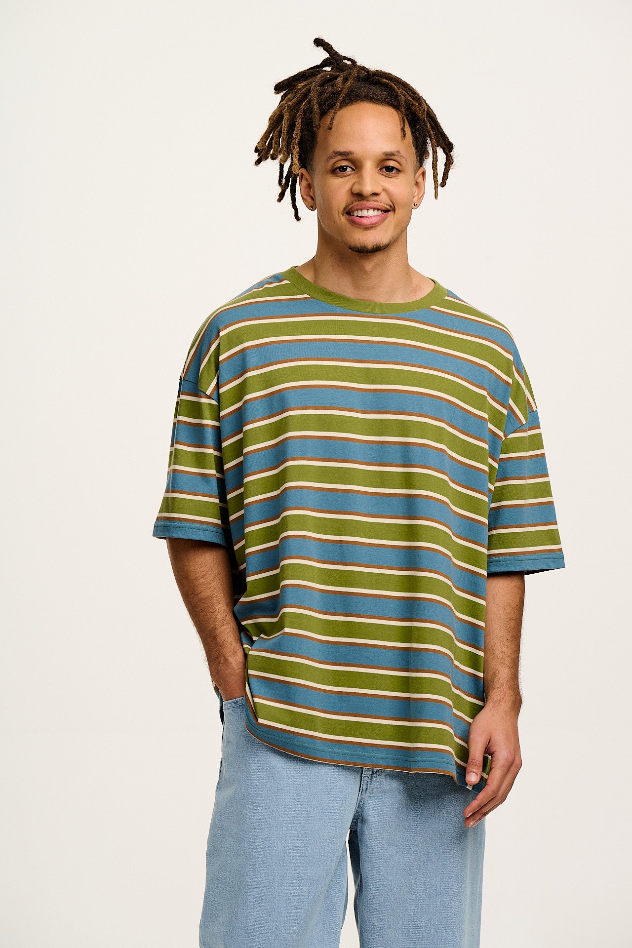 Benny - Oversized Cotton T-Shirt in Blue & Green Trix Stripe