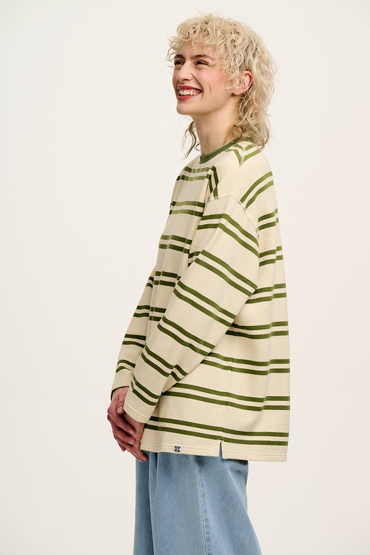 Kai - Midweight Cotton Crew Neck Sweatshirt in Green & Ecru Stripe