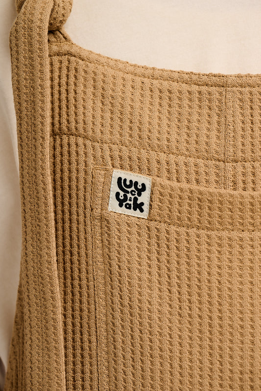Ali - Wide Leg Waffle Cotton Dungarees in Tan