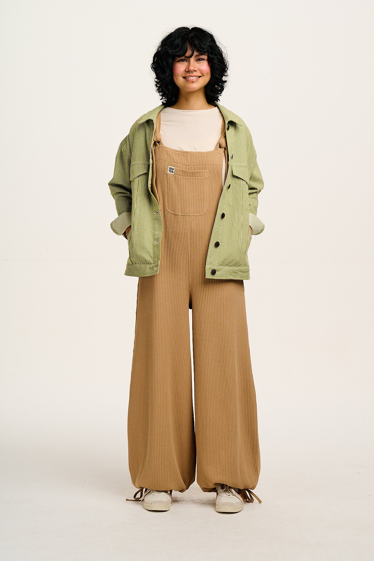 Ali - Wide Leg Waffle Cotton Dungarees in Tan