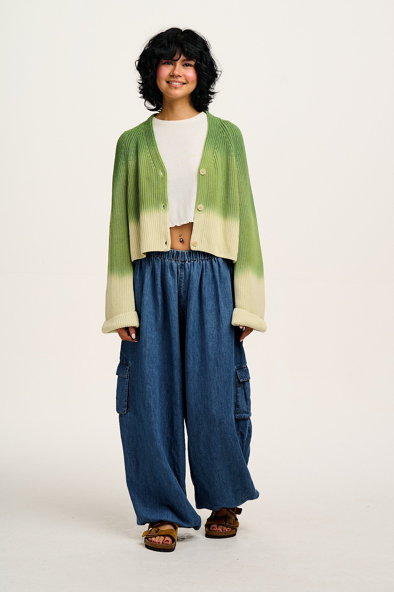 Robyn - V-Neck Cotton Cardigan in Green Cedar Ombre