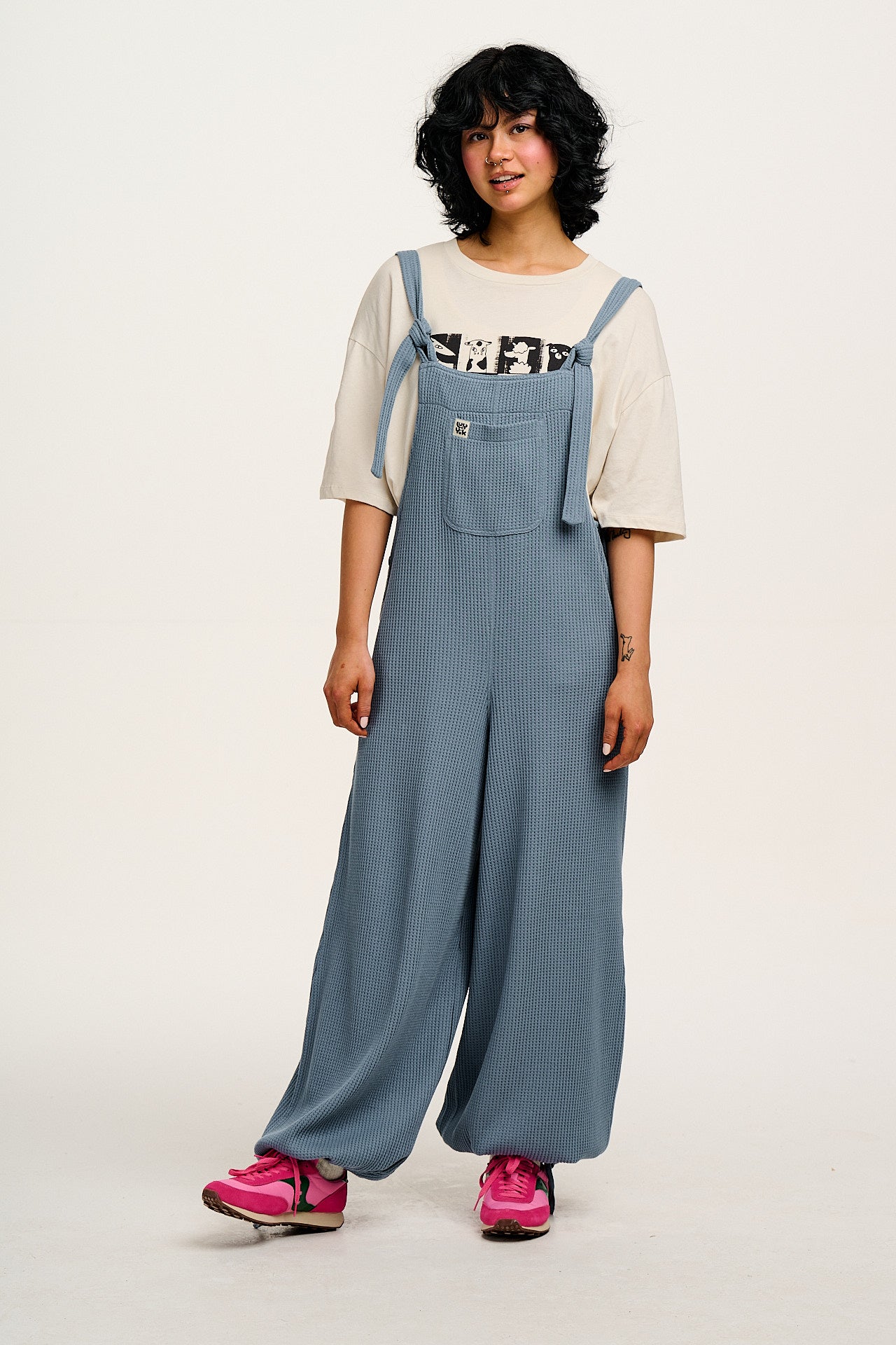 Ali - Wide Leg Waffle Cotton Dungarees in Blue Mist