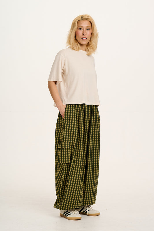 Rumi - Wide Leg Cotton & Linen Trousers in Green Emin Gingham