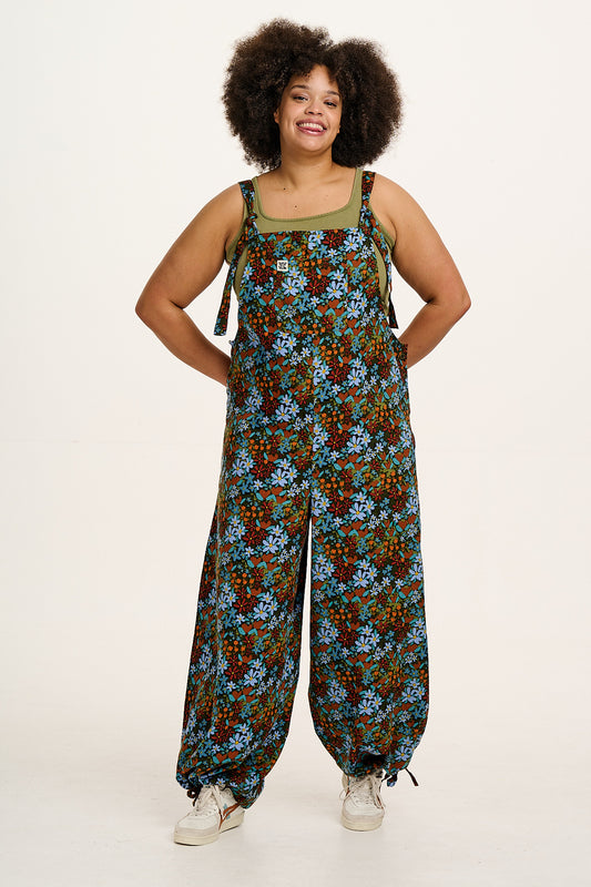 Ali - Wide Leg Cotton Dungarees Blue & Brown Mika Print
