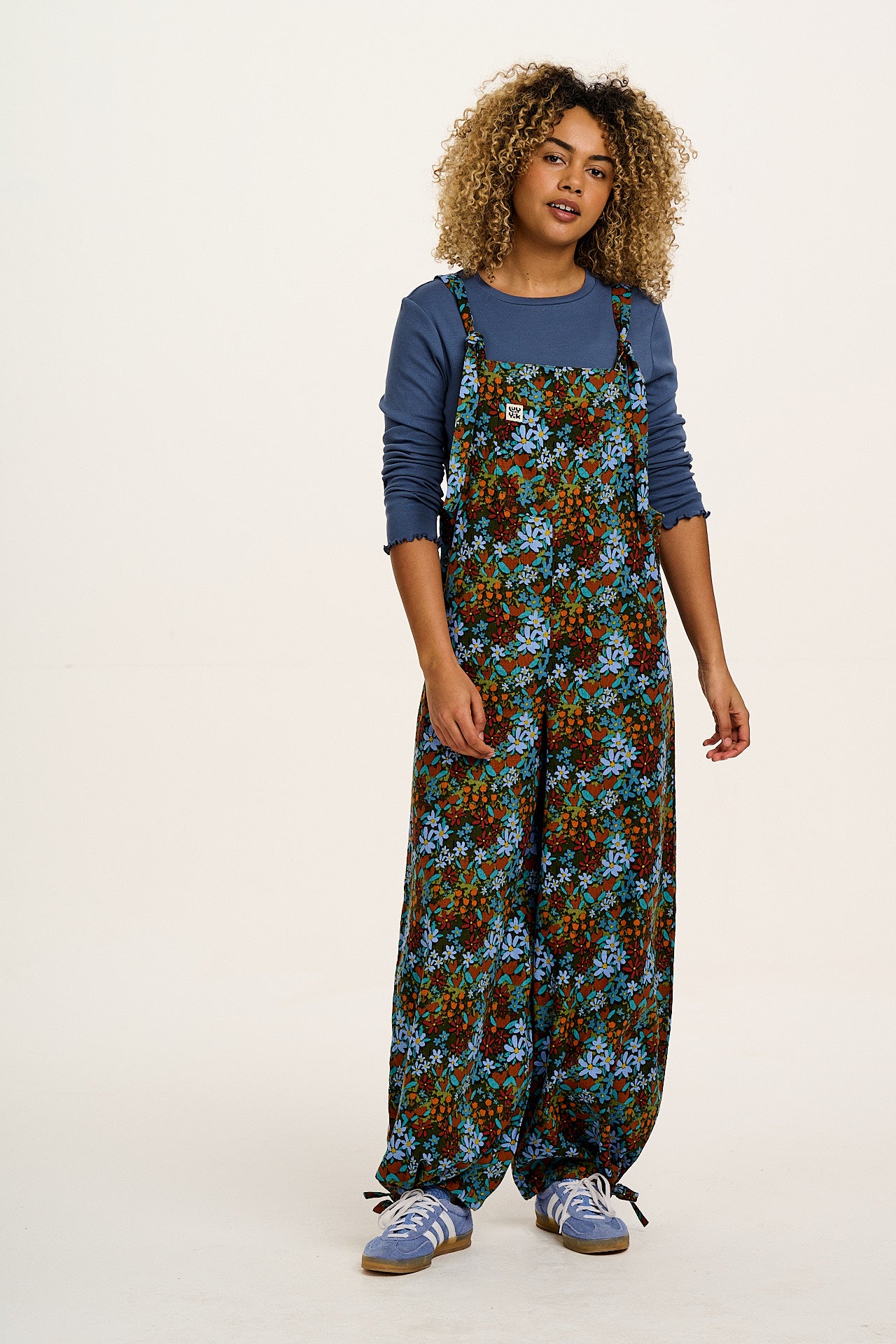 Ali - Wide Leg Cotton Dungarees Blue & Brown Mika Print