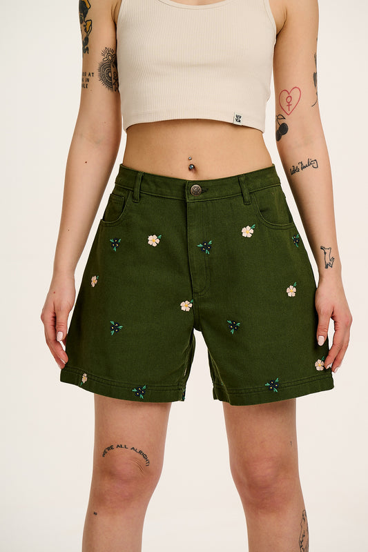 Lexi - High Waist Cotton Shorts in Green with Frankie Floral Embroidery