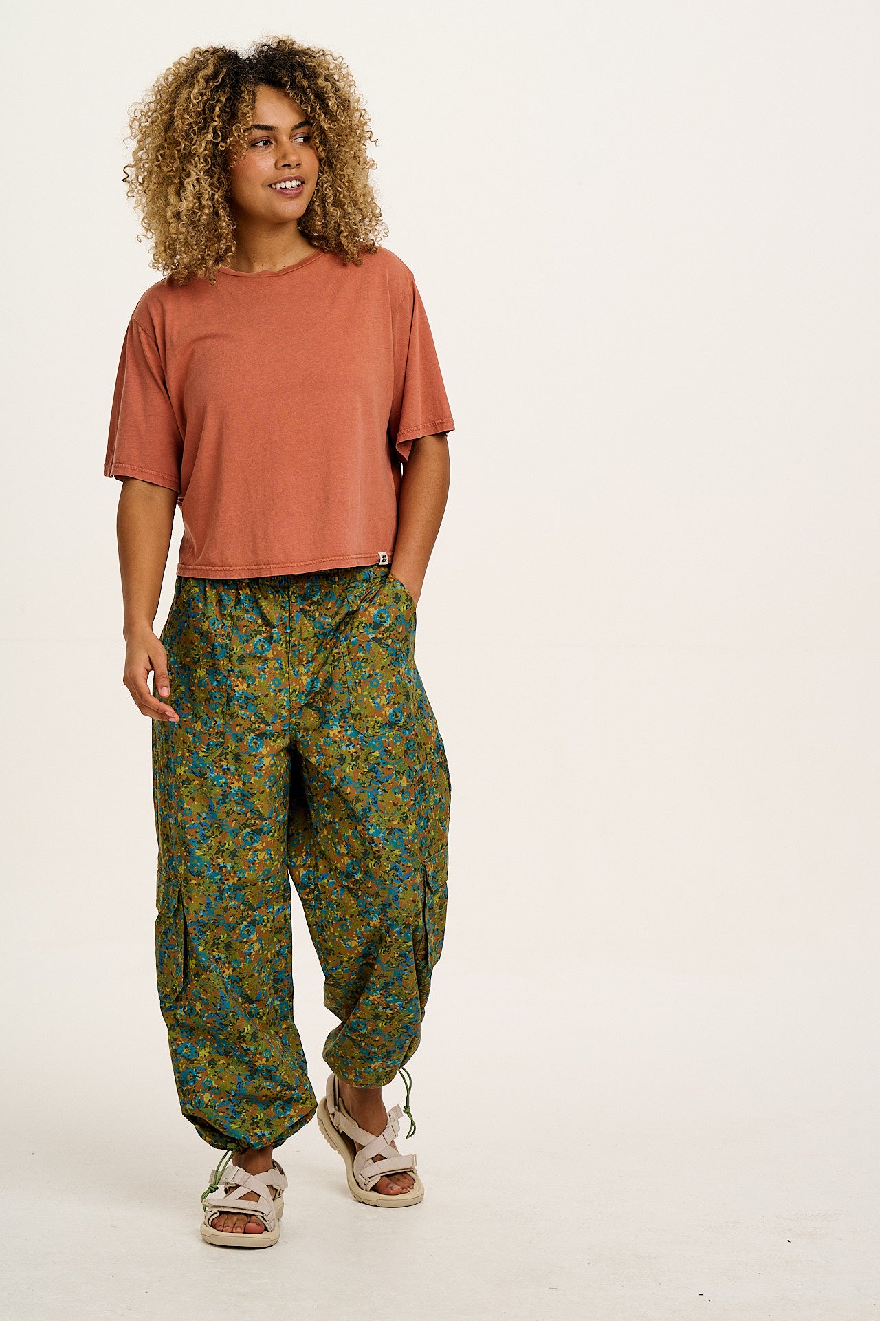 Caton - Cotton Cargos Trousers in Green Trix Floral Print