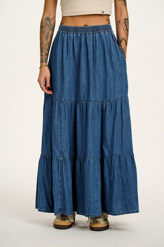 Brie - Maxi Cotton & Hemp Skirt in Mid Wash Blue