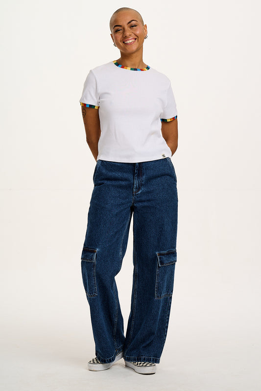 Maya - Cotton T-Shirt in White Rainbow Print