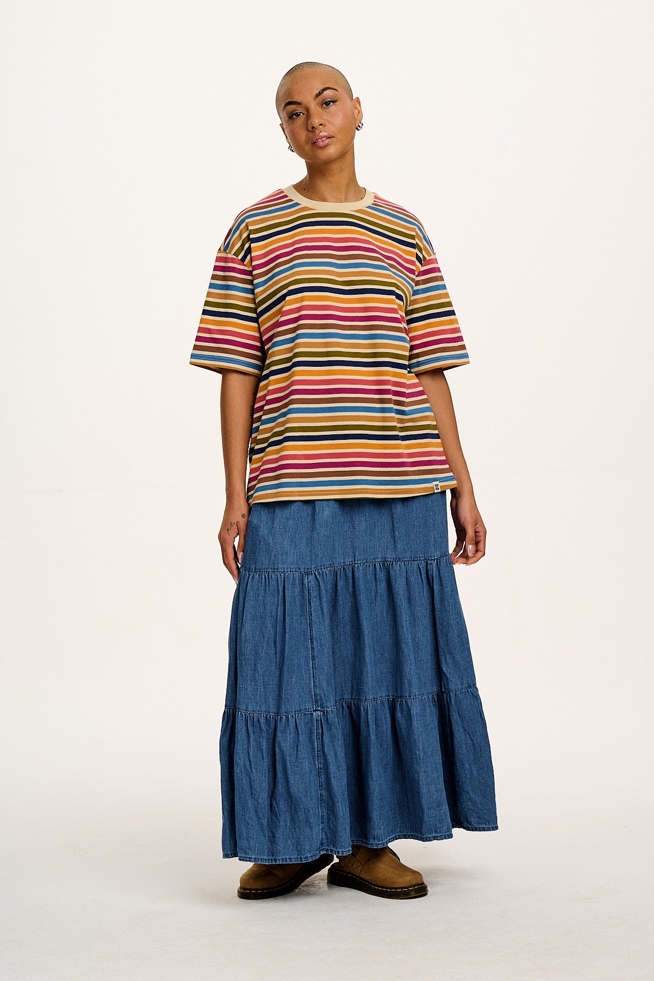 Benny - Oversized Cotton T-Shirt in Rainbow & Ecru Stripe
