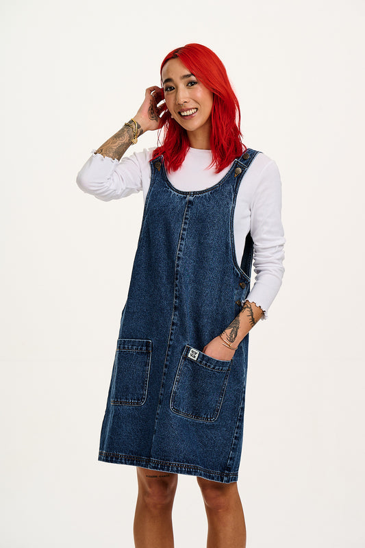 Layla - Mini Denim Dress in Mid Wash Blue