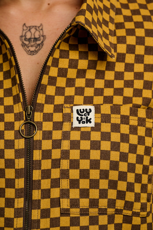 Ragan - Cotton Jumpsuit in Yellow & Brown Checkerboard