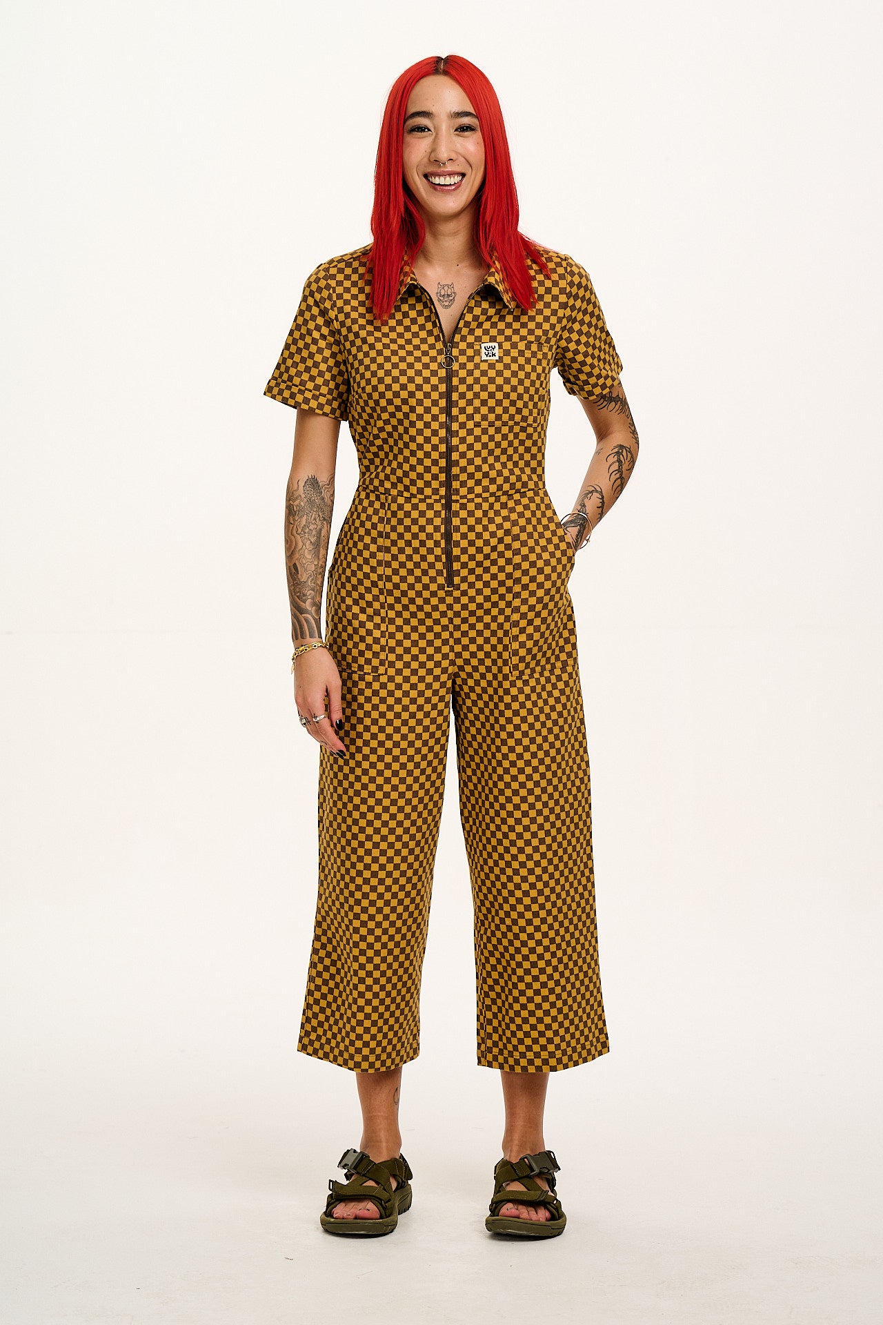 Ragan - Cotton Jumpsuit in Yellow & Brown Checkerboard