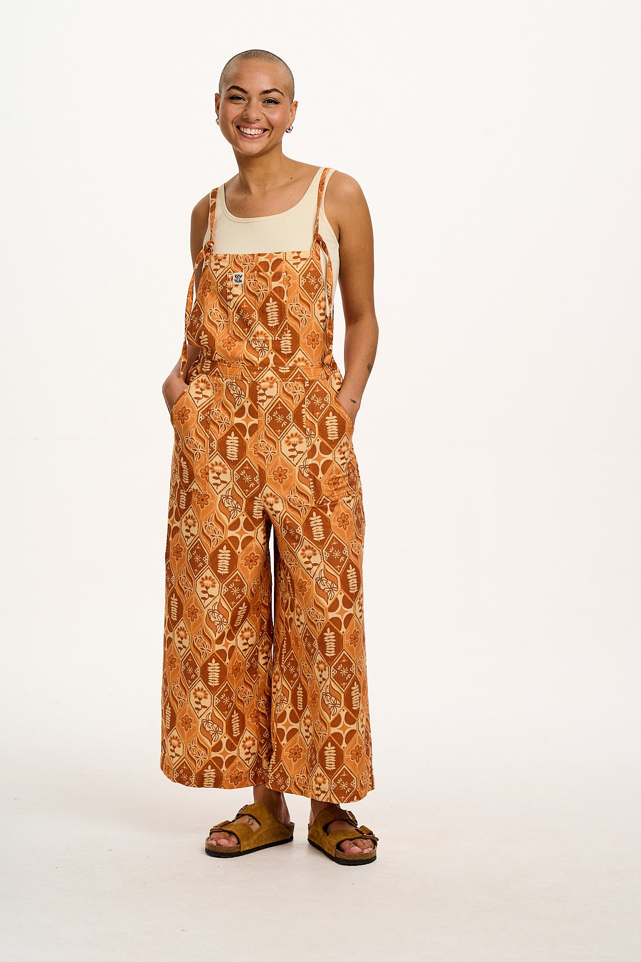 River - Cropped Cotton Dungarees in Orange Pippa Print