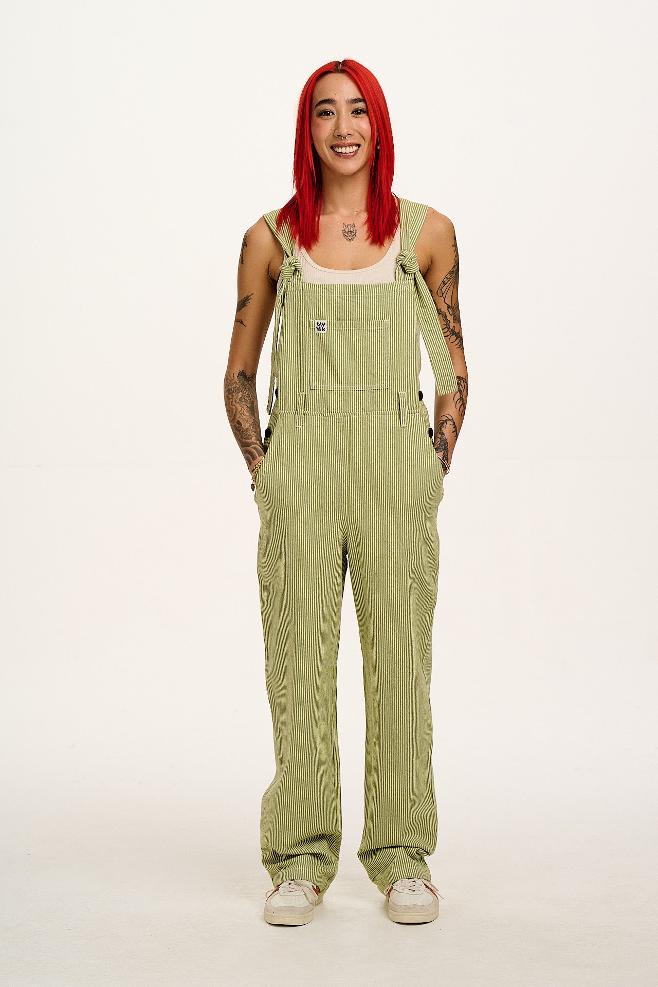 Easton - Cotton Dungarees in Green Hickory stripe