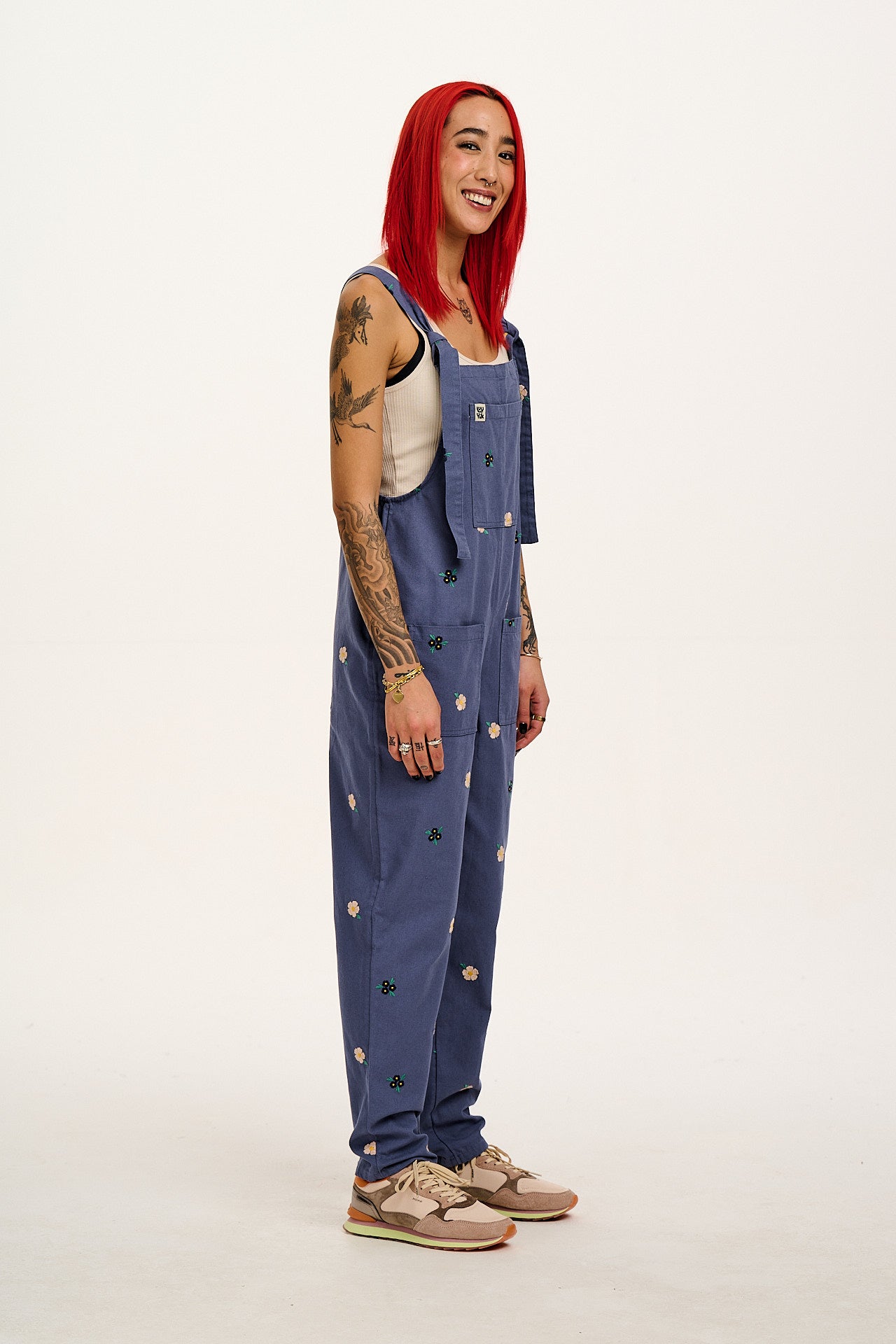 Original - Cotton Dungarees in Blue With Frankie Floral Embroidery