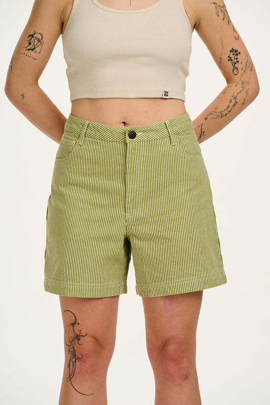 Lexi - High Waist Cotton Shorts in Green Hickory Stripe