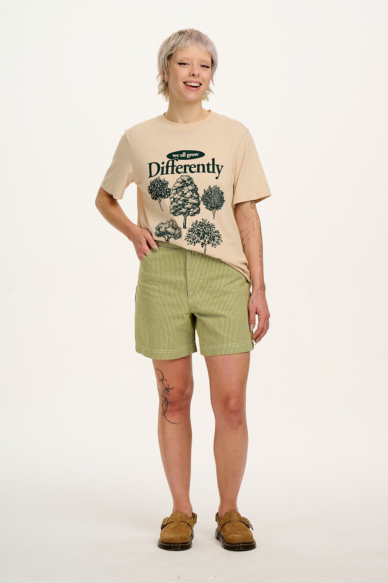 Lexi - High Waist Cotton Shorts in Green Hickory Stripe