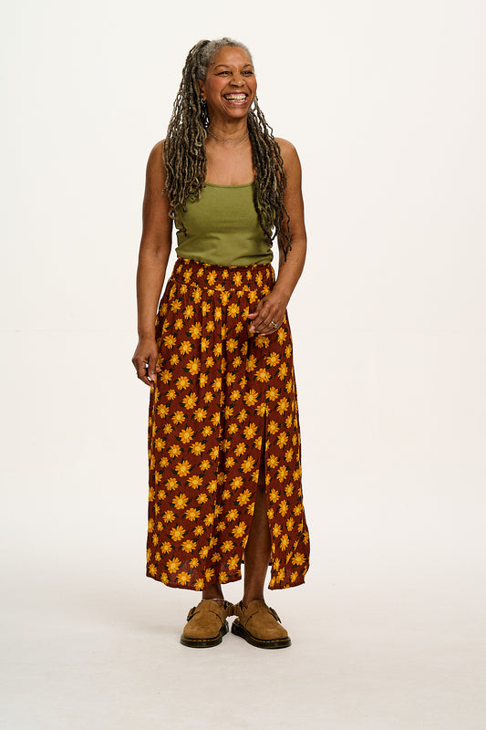 Poppy - Elasticated Waist Skirt in Orange Selene Sunflower Print