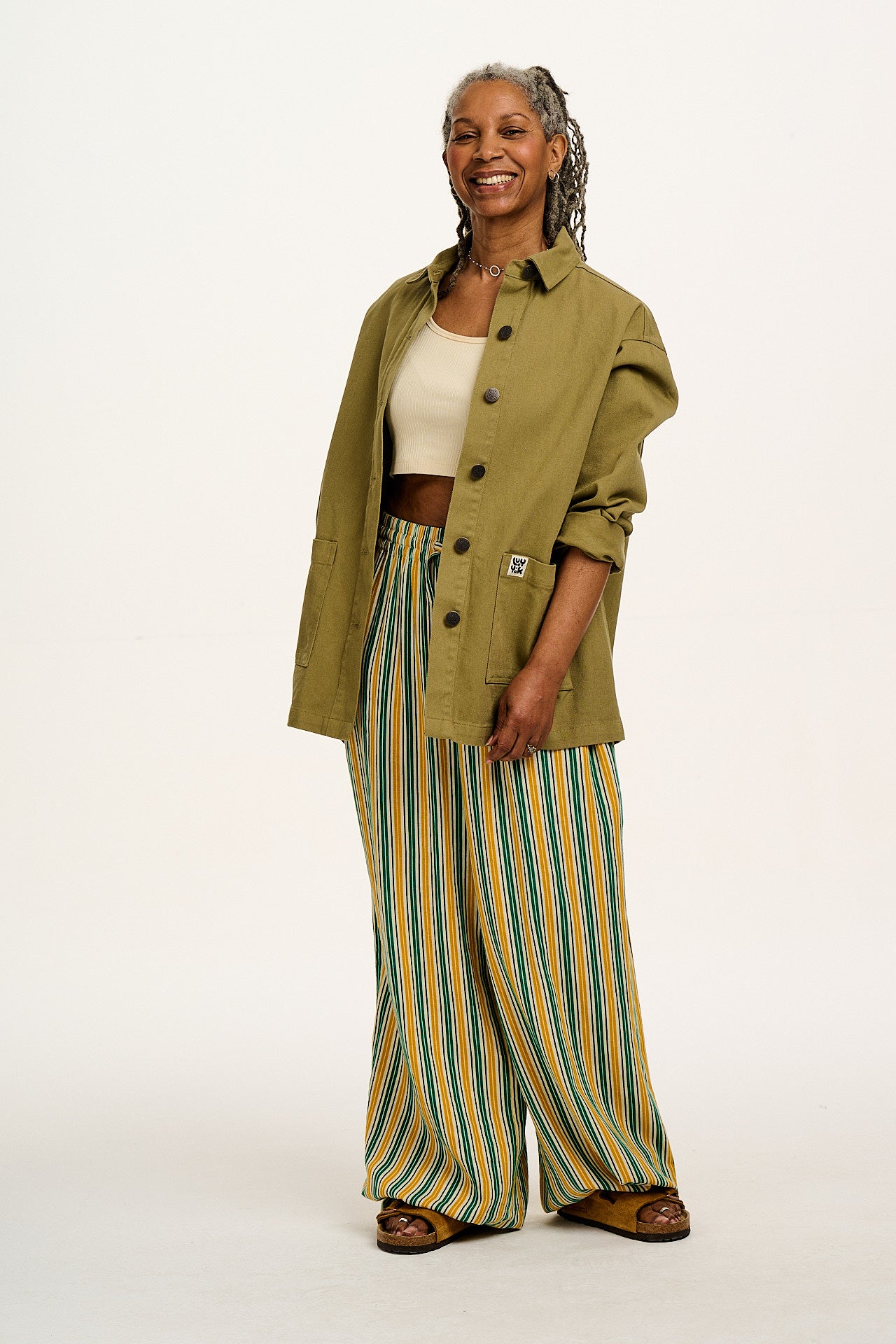 Mylo - Wide Leg Trousers in Green & Yellow Cabana Stripe
