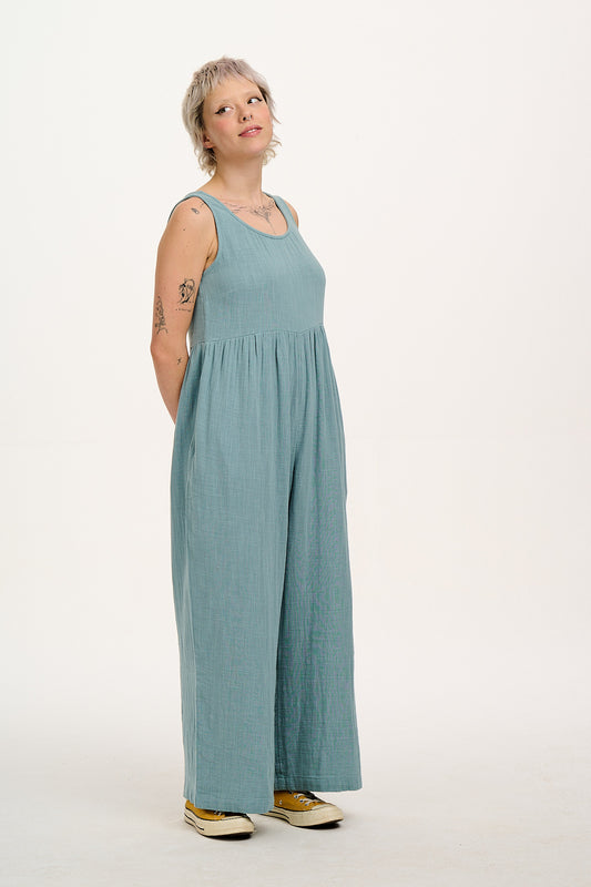 Bellamy - Wide Leg Cotton Jumpsuit in Blue Mist