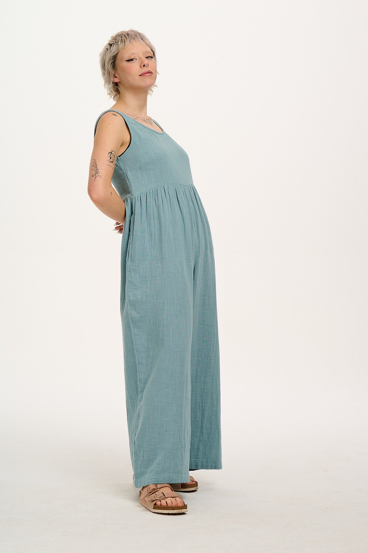 Bellamy - Wide Leg Cotton Jumpsuit in Blue Mist