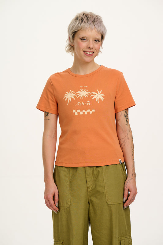 Maya - Cotton T-Shirt in Orange Beach Waves Print