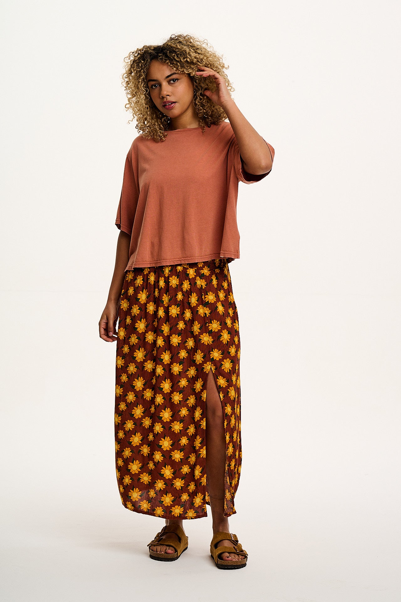 Poppy - Elasticated Waist Skirt in Orange Selene Sunflower Print
