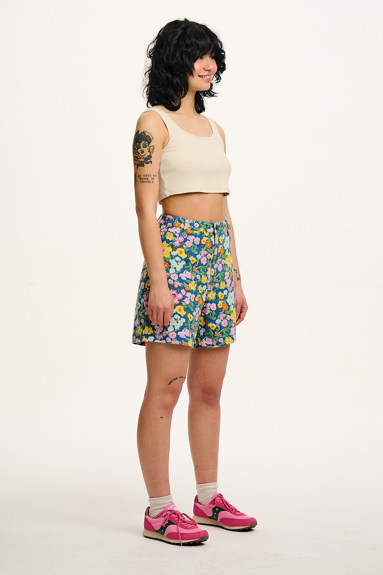 Lexi - High Waist Denim Shorts in Island Blooms Scribbled Floral Print