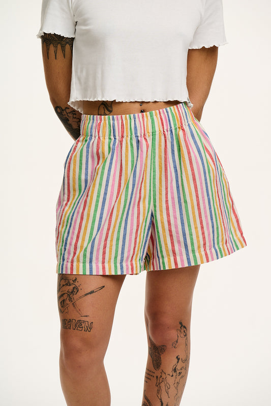 Jessie - Cotton & Linen Shorts in Rainbow Stripe