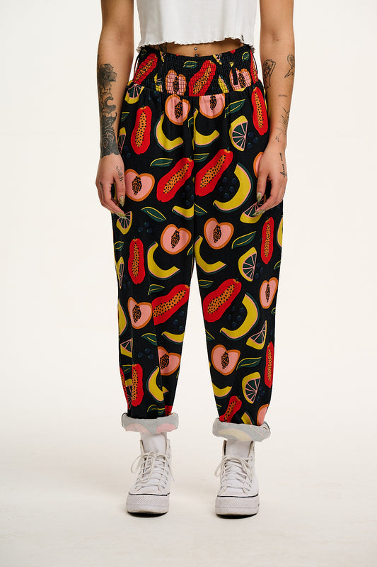 L.E. Alexa - Cotton Trousers in Black Fruit Salad Print
