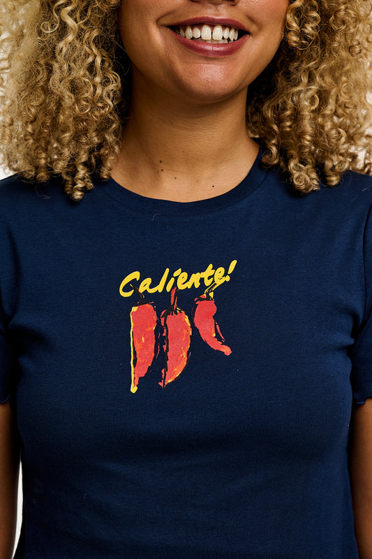 Greta - Cropped Cotton Top in Navy Caliente! Print