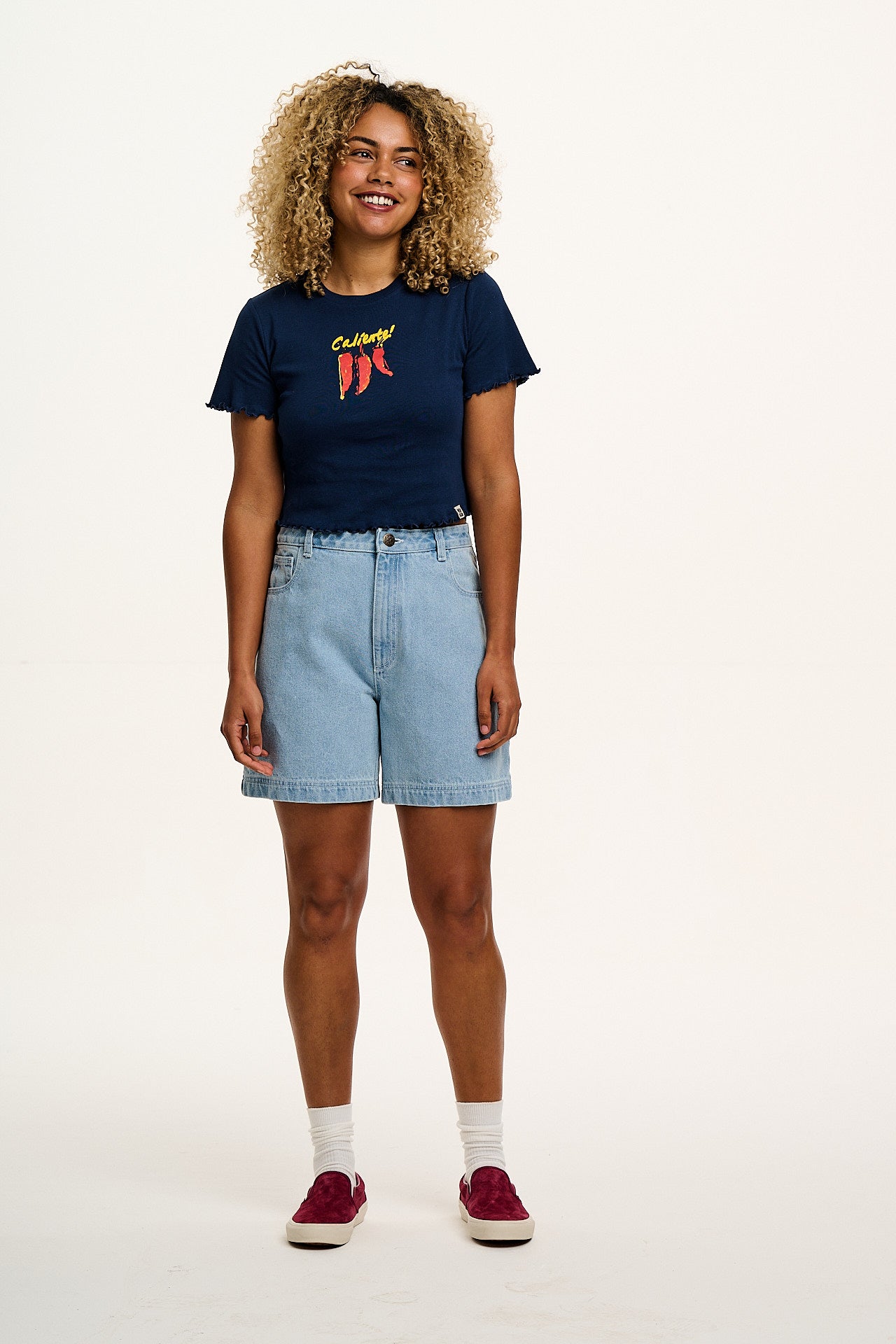 Greta - Cropped Cotton Top in Navy Caliente! Print