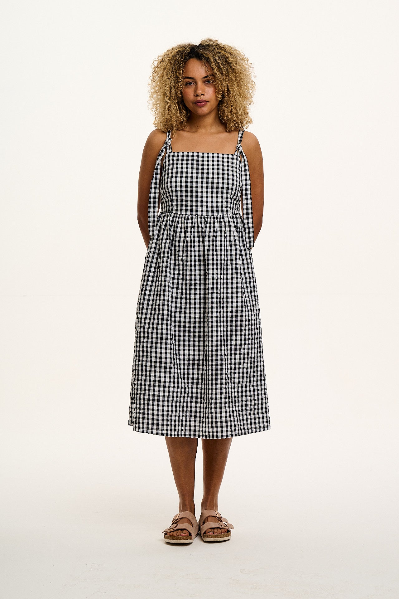 Faye - Midi Cotton Gauze Dress in Black & White Gingham